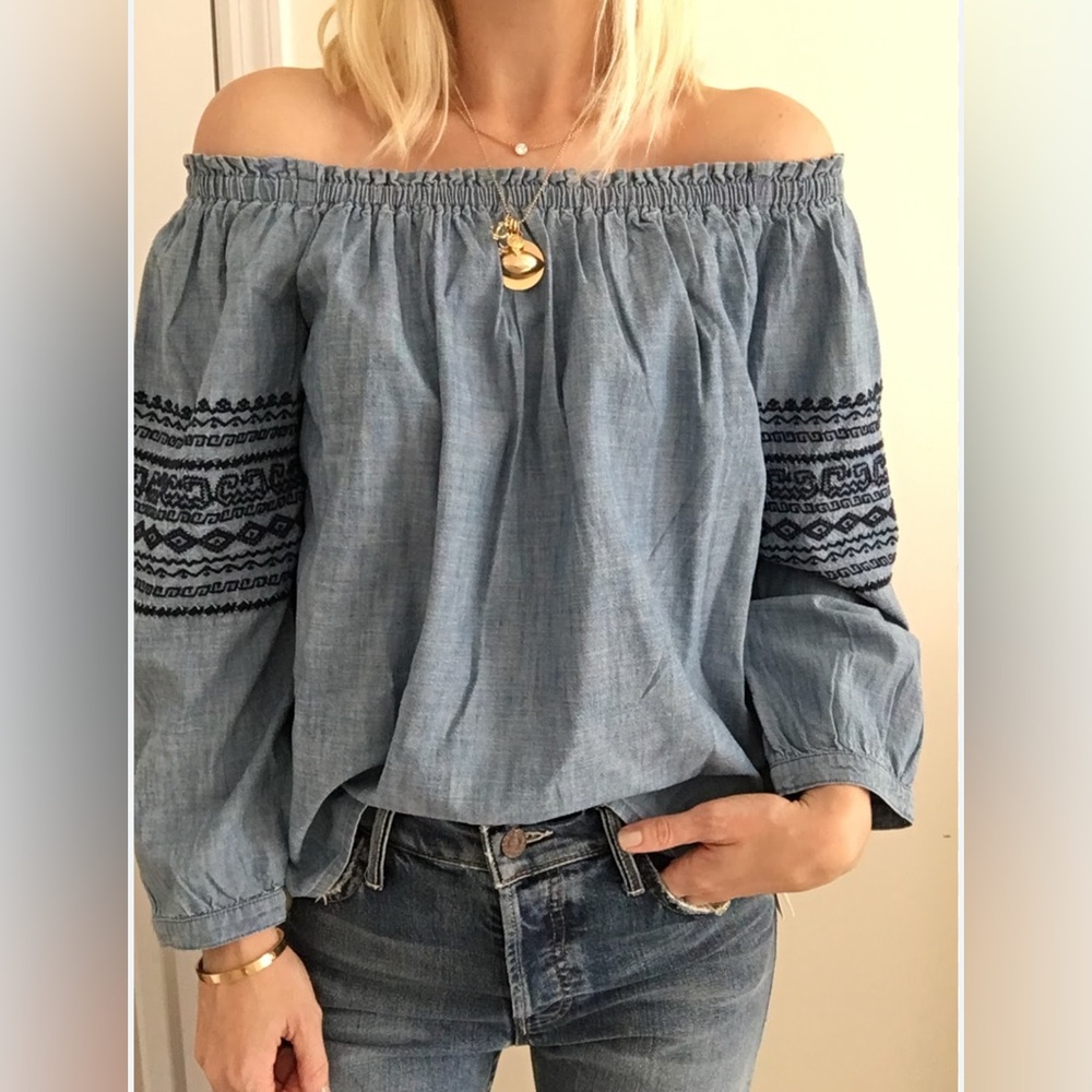 GAP Women's Denim Blue Blouse with Embroidered Sleeves